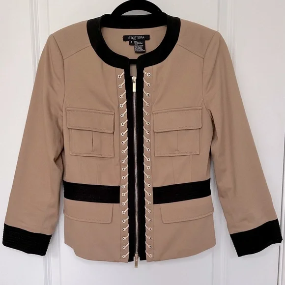 Etcetera Tan Black Gold Metallic Cord Jacket Size 4 Zipper Front Stitchi… - Picture 2 of 4